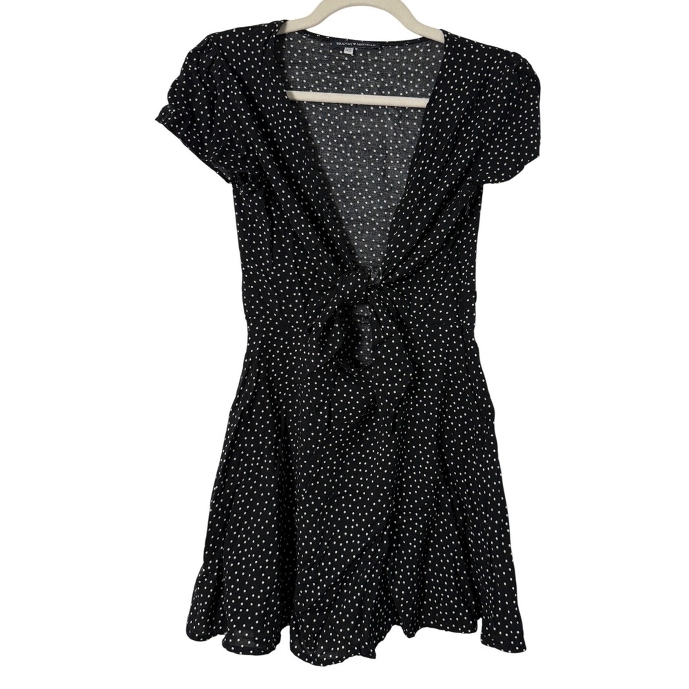 Brandy Melville Mini Dress Women XS Black Polka Dot Excellent Tie Front V-Neck
